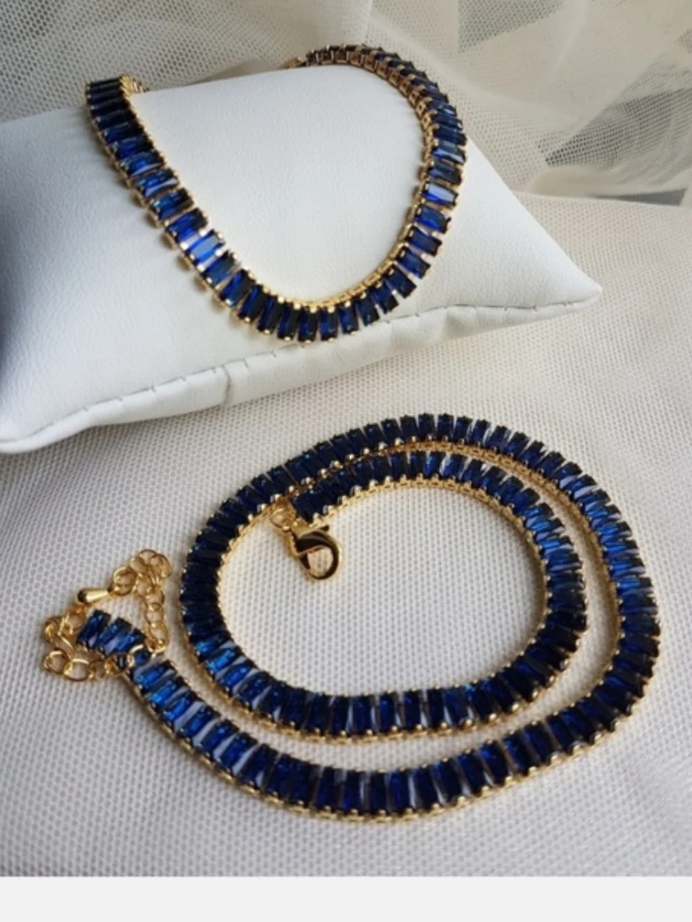 Swarovski Elements Gold Sapphire Blue Emerald-cut Baguette Tennis Necklace NEW